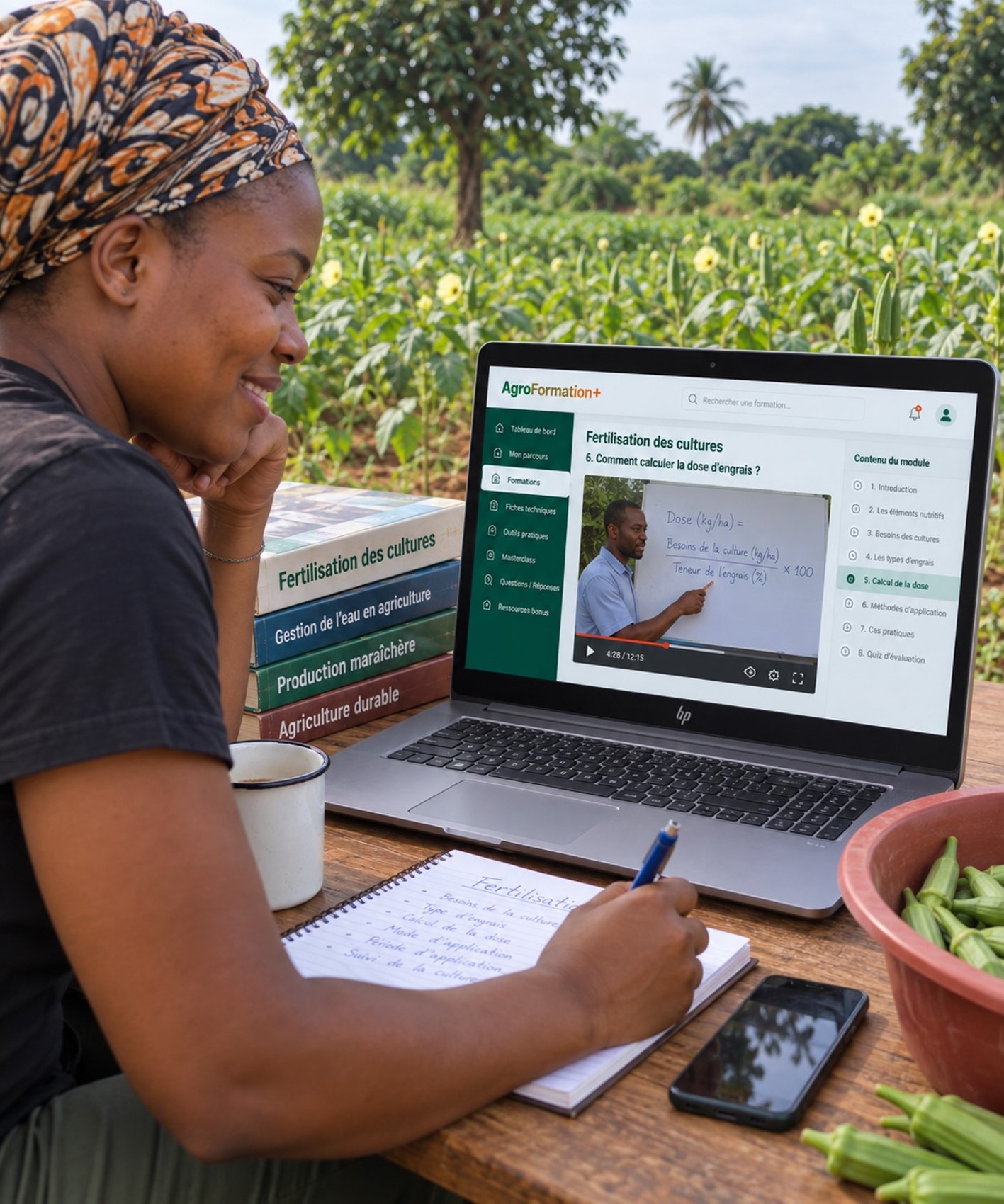 Apprenant et producteur agricole utilisant des ressources de formation